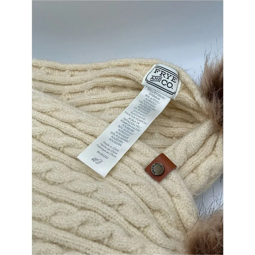 Frye and Co Cream Knit Pom-Pom Beanie and scarf set